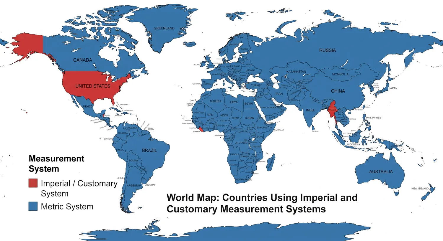 Map showing countries that use imperial vs metric systems